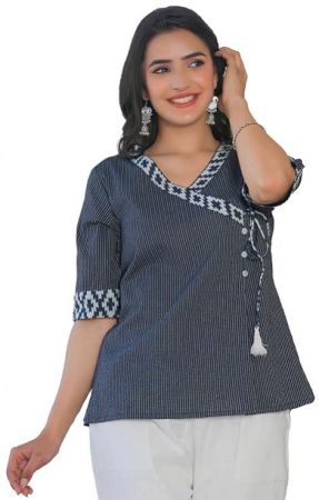 Akiko Womens Blue Kantha Stripe Top (Blue)