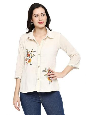 Bohemian ChicWomens Embroidered OffWhite Khadi Shirt