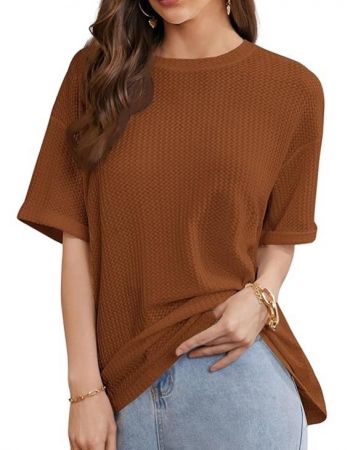 FVSHUN Womens Cotton Waffle Knit Loose Fit Boyfriend T-Shirt Textured Top