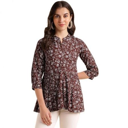 Fabclub Rayon Floral Printed A-Line Chinese Collar 34 Sleeve Womens Tunic TopsShort Kurti
