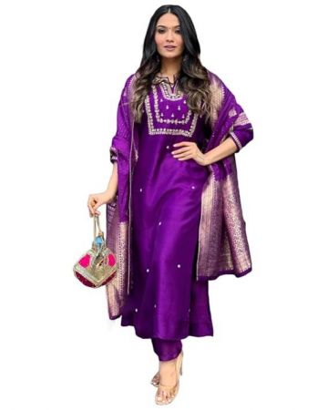 GoSriKi Womens Rayon Blend Straight Embroidered Kurta with Pant Dupatta