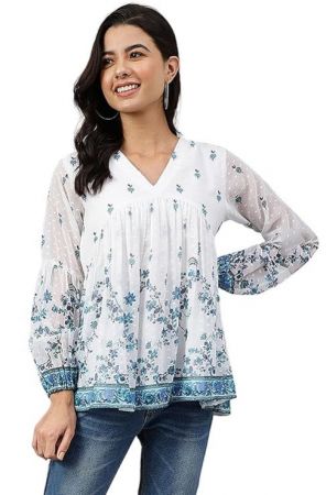 Janasya Womens White Georgette Digital Print Flared Top