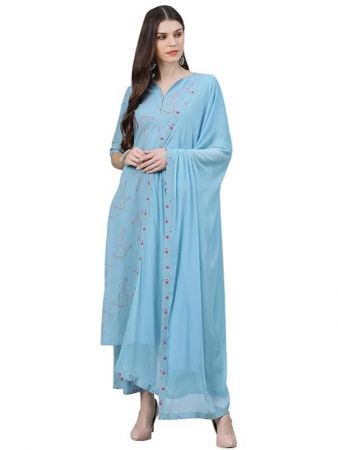 Libas Blue Printed Cotton Straight Kurta With Palazzos Dupatta