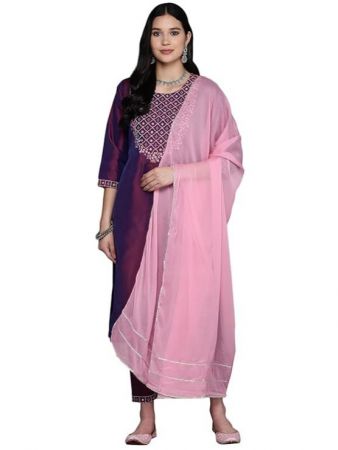 Libas Burgundy Embroidered Silk Blend Straight Kurta With Trousers Dupatta