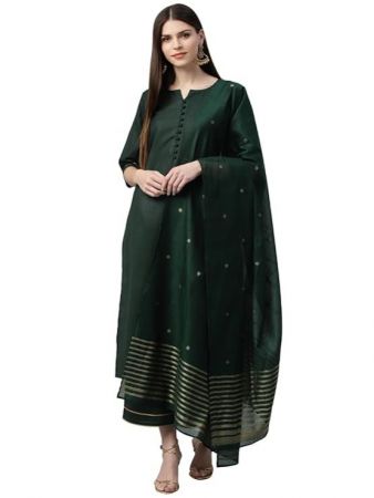 Libas Green Solid Cotton Straight Kurta With Palazzos Dupatta