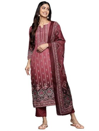 Libas Maroon Printed Poly Crepe Straight Kurta With Trousers Dupatta