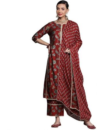 Libas Maroon Printed Silk Blend Straight Kurta With Palazzos Dupatta