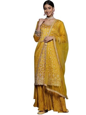 Libas Mustard Embroidered Silk Blend Straight Kurta With Trousers Dupatta