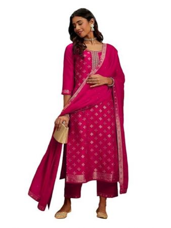 Libas Pink Printed Silk Blend Straight Kurta With Trousers Dupatta