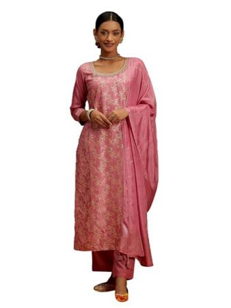 Libas Pink Woven Design Silk Blend Straight Kurta With Trousers Dupatta