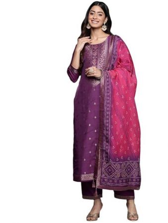 Libas Purple Self Design Silk Blend Straight Kurta With Trousers Dupatta