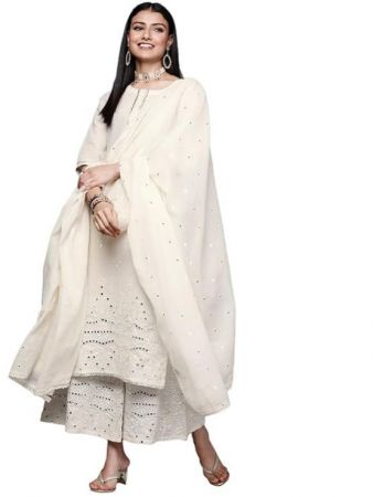 Libas Women Embroidered Cotton Straight Kurta Palazzo With Dupatta