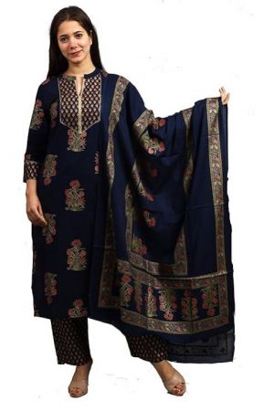 MEERA FAB Women Cotton Blue Printed Kurta Palazzo Dupatta Set