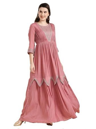 Madhuram Womens Chinon Chiffon Traditional Ethnic Long Western Dress with Embroidery Work Long Kurta(M-2361)