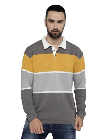 Maniac Mens Polo Neck Auto Striped Full Sleeve Cotton Slim Fit T-Shirt