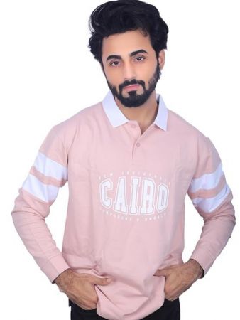 Maniac Mens Printed Polo Neck Full Sleeve Pink Oversized T-Shirt