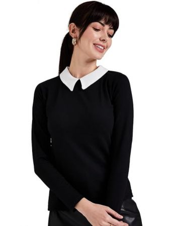 Miss Chase Womens Cotton Full Sleeve Collared Top black