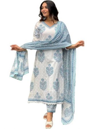 Nermosa Women Cotton Block Printed Kurta Pant With Dupatta