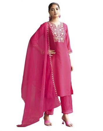 SIRIL Women's Cotton Embroidery Anarkali Kurta Pant with Dupatta Set