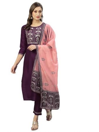 SIRIL Women's Polyester Blend Embroidery Straight Kurta Set with Dupatta