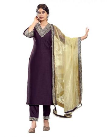 SIRIL Women's Silk Embroidery Straight Kurta Pant with Dupatta Set