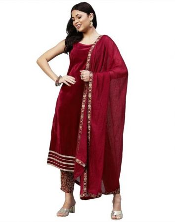 SIRIL Women's Velvet Solid Straight Kurta Set with Dupatta