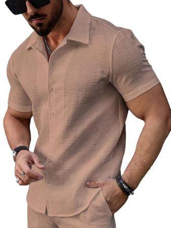 SMOWKLY Mens Cotton Blend Waffle Knit Stylish Textured Lapel Collared Short Sleeve Plain Casual Slim Regular Rib-Shirt