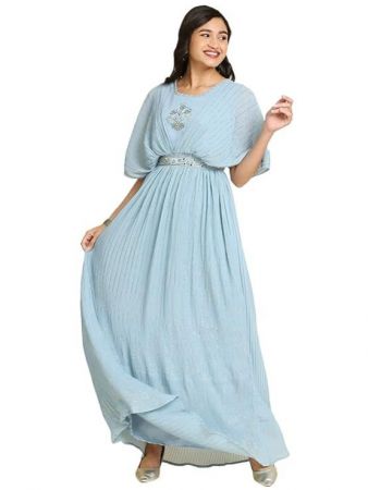 madhuram Womens Long Gown for Solid Georgette with Heavy Embroidery and Hand Work Belt with Round Neck Gown(M-2408)
