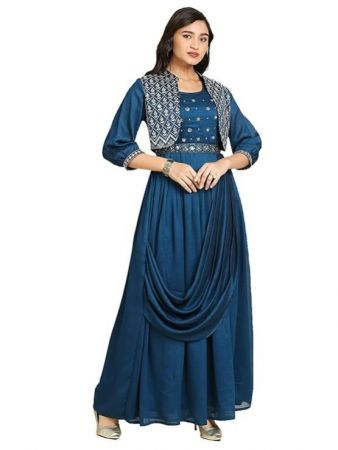 madhuram Womens Long Gown for Solid Silk with Heavy Embroidery and Hand Work Belt and Jacket with Round Neck Gown(M-2424)